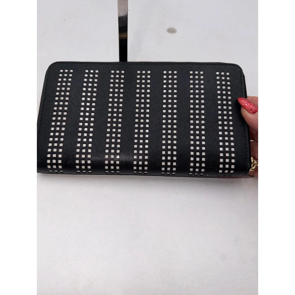 Tory Burch Black Saffiano Leather Perforated Zip Around Continental Wallet